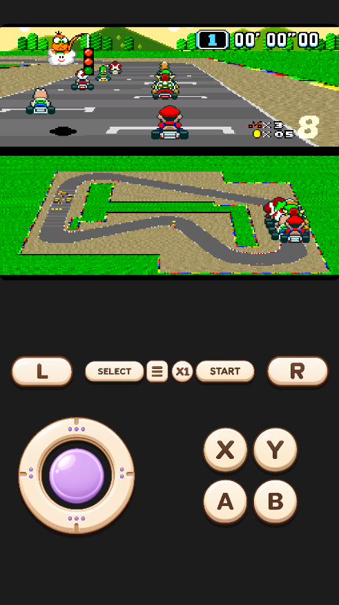 Retrofun racing gameplay with joystick and touch controls