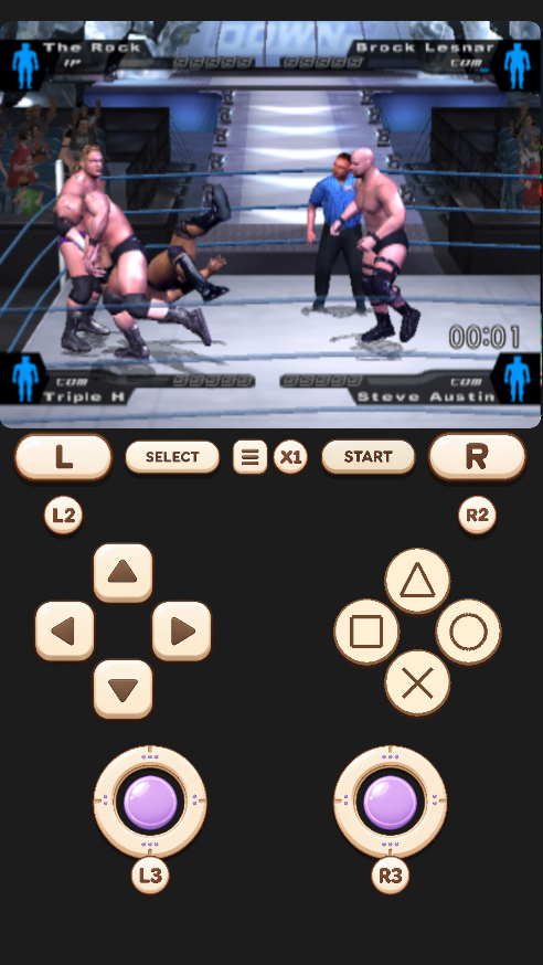 Retrofun PS2 wrestling gameplay with dual joysticks and shoulder buttons