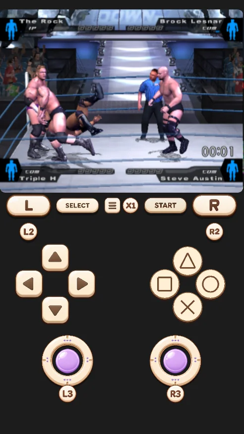 Retrofun PS2 wrestling gameplay with dual joysticks and shoulder buttons