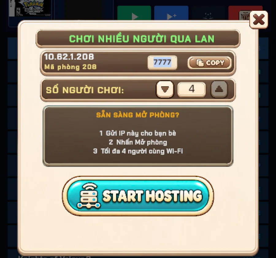 Your address and room code sit at the top. Copy puts them on the clipboard for a quick message.