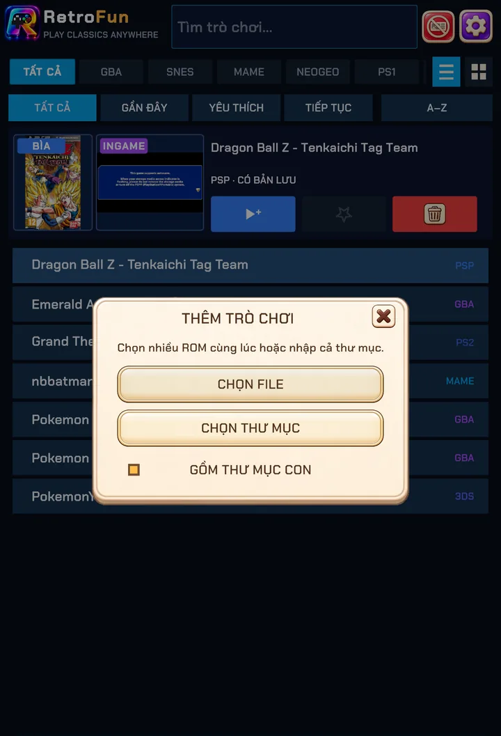 Add games: pick files, a folder, and whether to include subfolders.