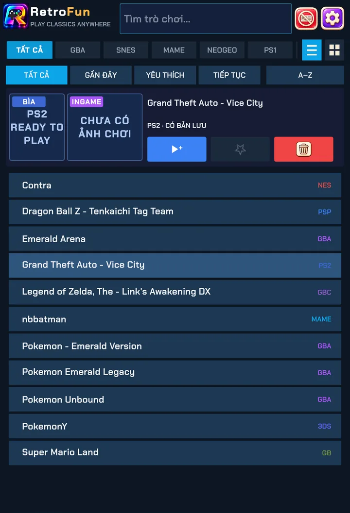 The library with system filters on top, and quick tabs for Recent, Favourites, Continue and A–Z.