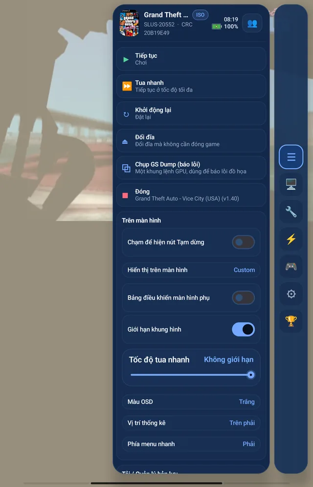The PS2 pause menu with fast-forward, restart, disc change and on-screen options.