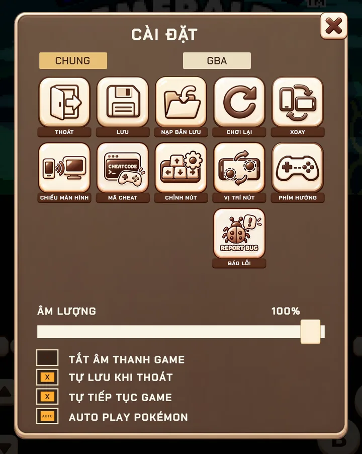 The General tab: quick actions on top, volume and auto-save options below.