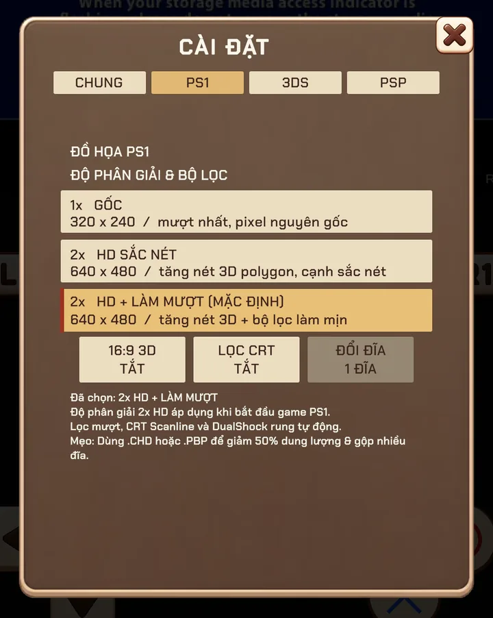 PS1 graphics: choose 1× native or 2× HD with or without smoothing.